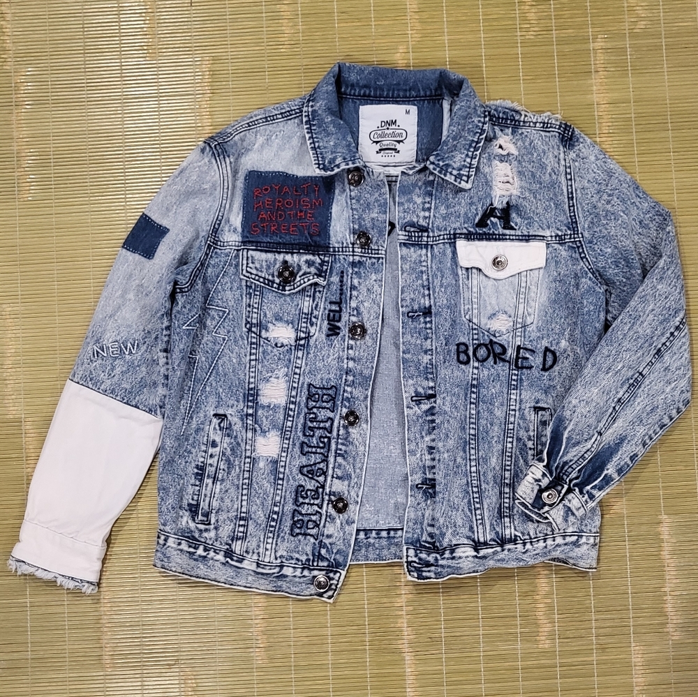 DNM Collection Medium Distressed Embroidered Reworked Denim Jacket - Picture 2 of 16